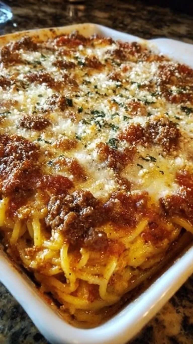 Delicious authentic Italian-style spaghetti bake topped with cheese and herbs