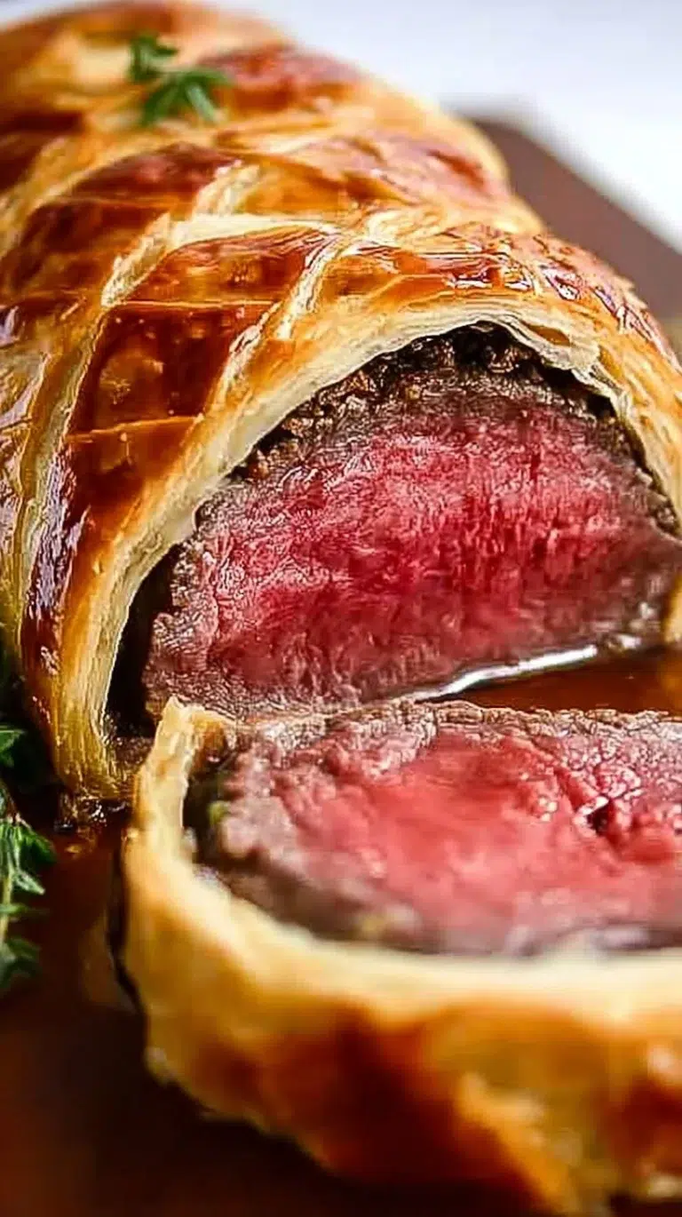 Delicious Beef Wellington served on a plate with a side of vegetables.