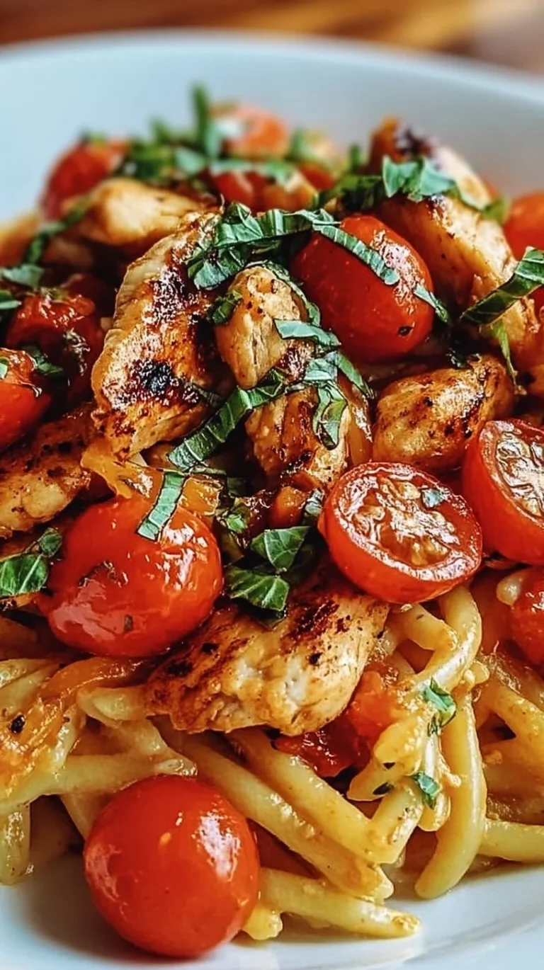 Delicious bruschetta chicken pasta topped with fresh ingredients and creamy sauce