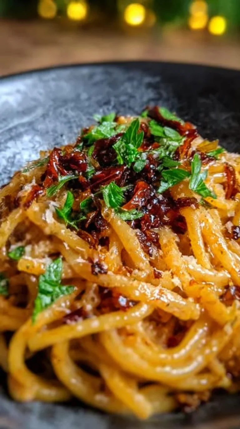 Plate of caramelized onion pasta drizzled with chili oil for a savory meal