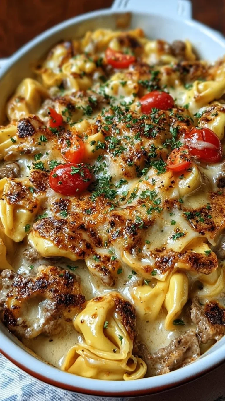 Cheesesteak tortellini casserole topped with melted cheese and garnished with herbs