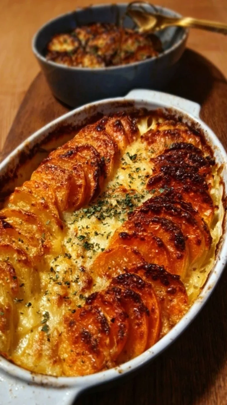 Cheesy root vegetable gratin with layers of creamy goodness