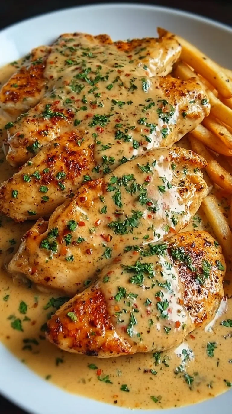 Chicken fillet in spicy creamy garlic-Parmesan sauce served on a plate