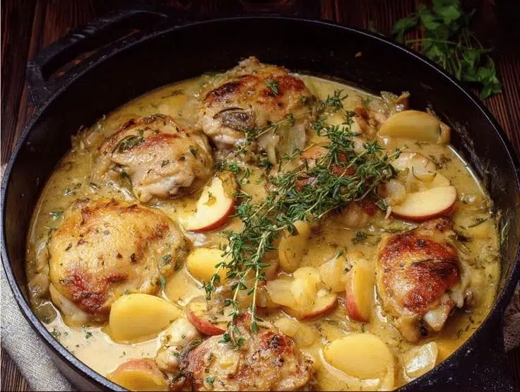 Delicious Chicken Normandy dish featuring tender chicken in apple cider sauce