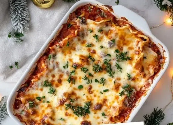 Delicious Christmas Lasagna served with festive toppings and herbs