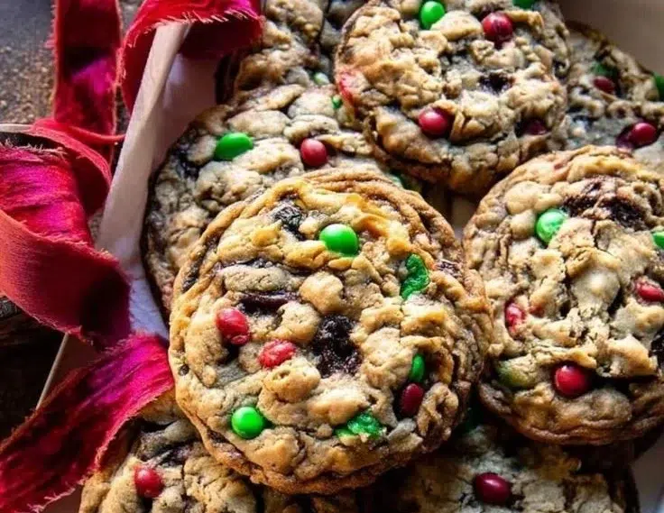 Colorful Christmas Monster Cookies decorated with festive sprinkles and chocolate chips.
