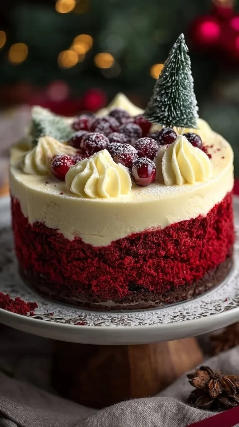 Delicious Christmas Red Velvet Cheesecake topped with cream cheese frosting