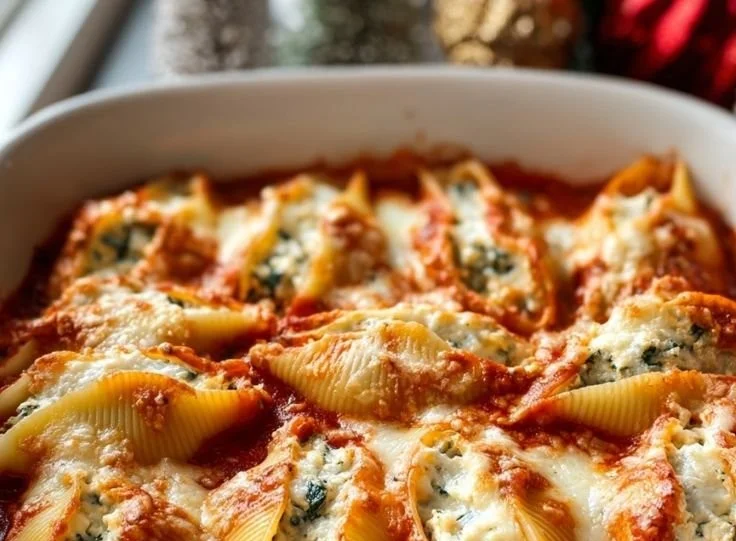 Christmas Stuffed Shells served on a festive holiday table