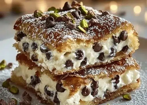 Delicious classic cannoli squares topped with chocolate chips and powdered sugar