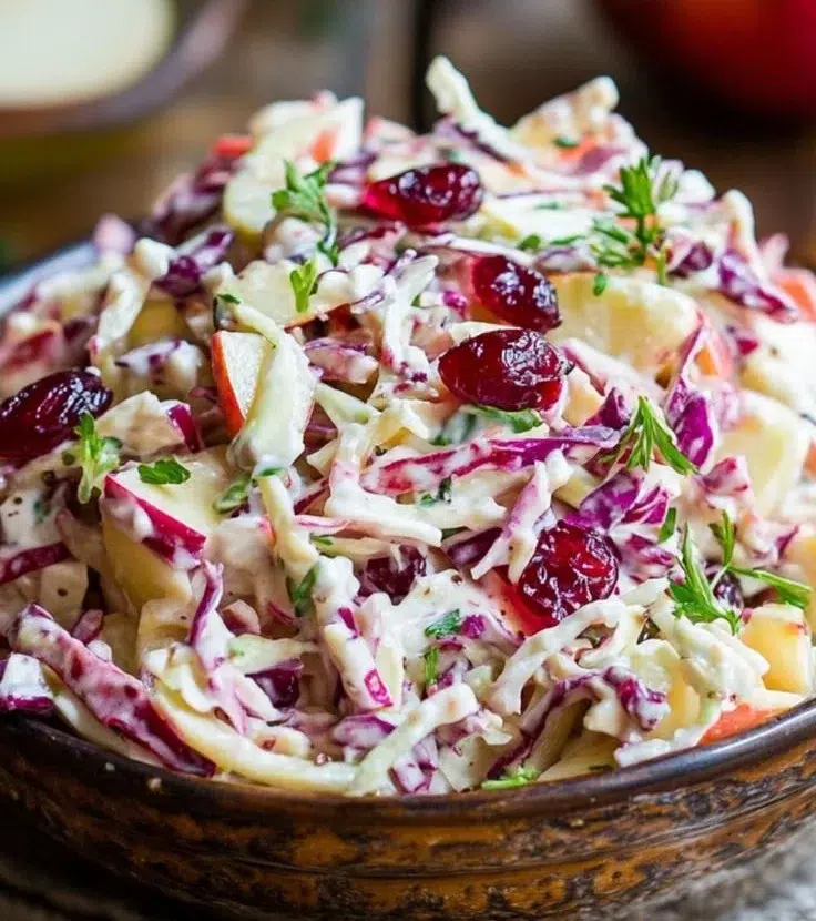 Delicious cranberry apple coleslaw served in a bowl