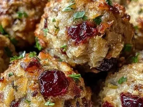 Cranberry turkey stuffing balls served on a festive holiday table.