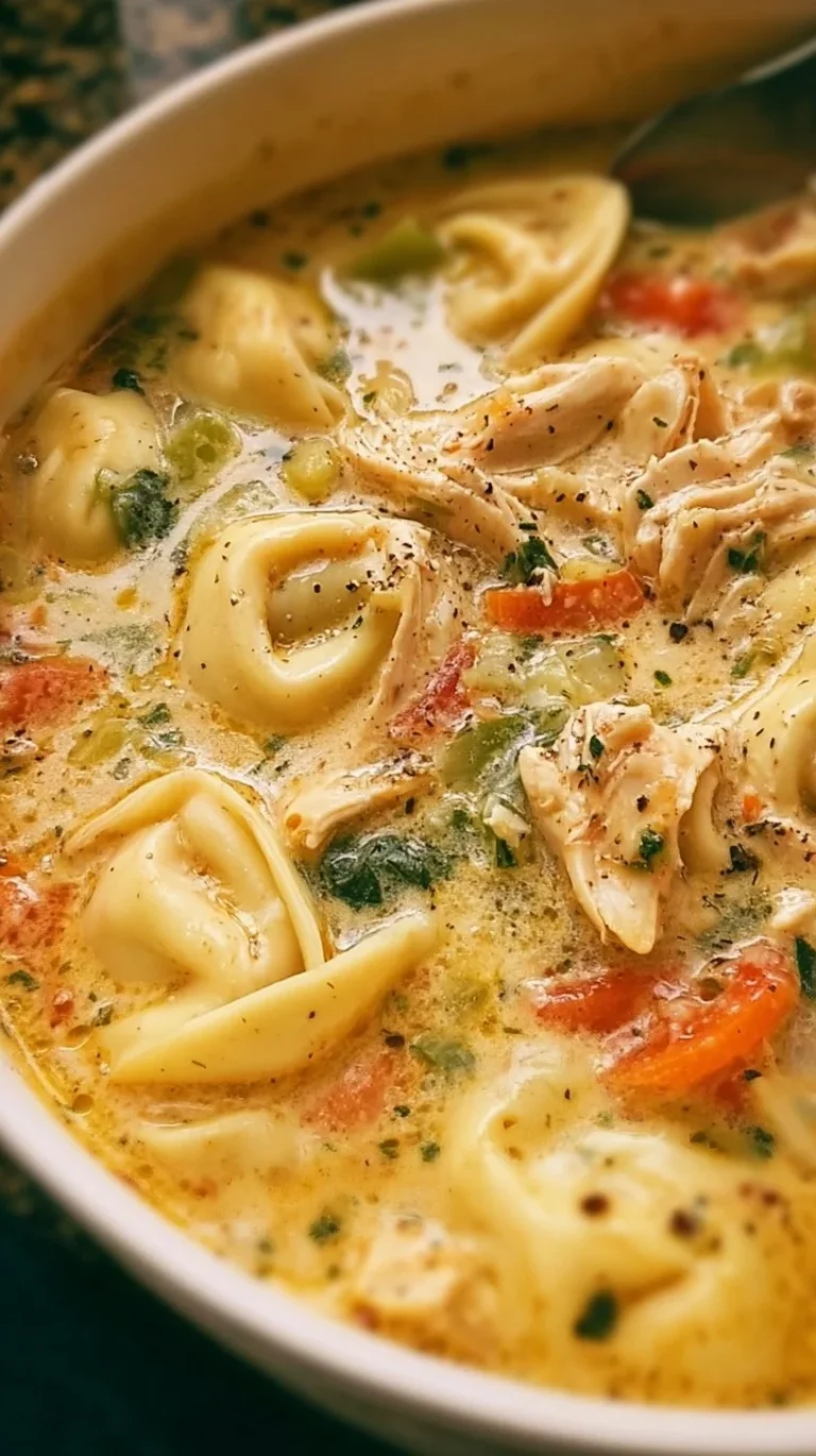Bowl of creamy chicken tortellini soup with fresh herbs and vegetables