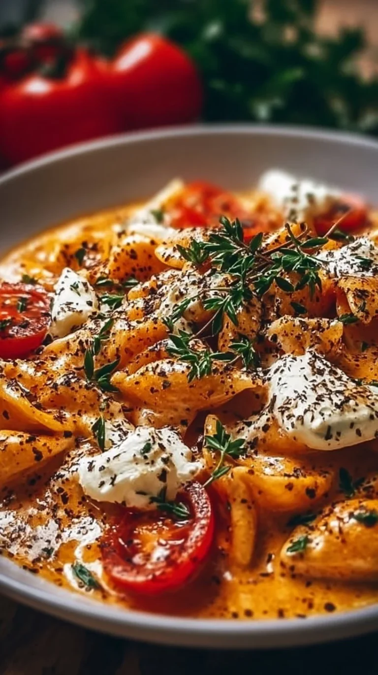 Creamy roasted tomato garlic pasta sauce in a bowl with fresh herbs