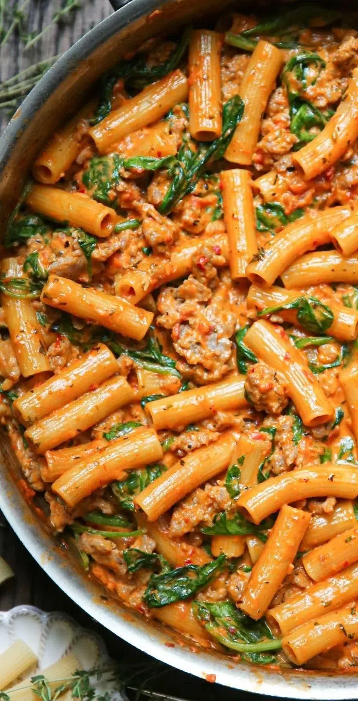 Creamy sausage rigatoni with spinach and tomato cream sauce on a plate
