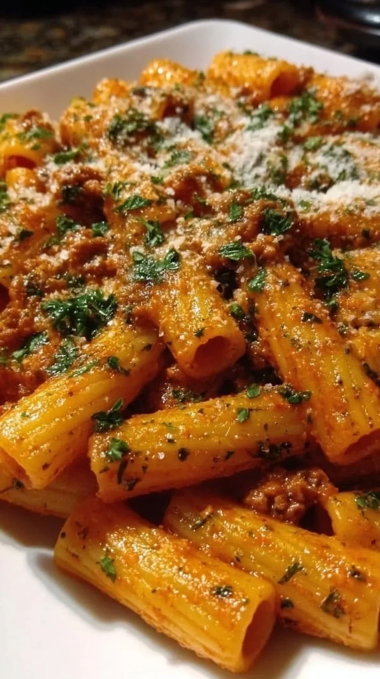 Creamy spicy Italian rigatoni dish with vibrant sauce and spices