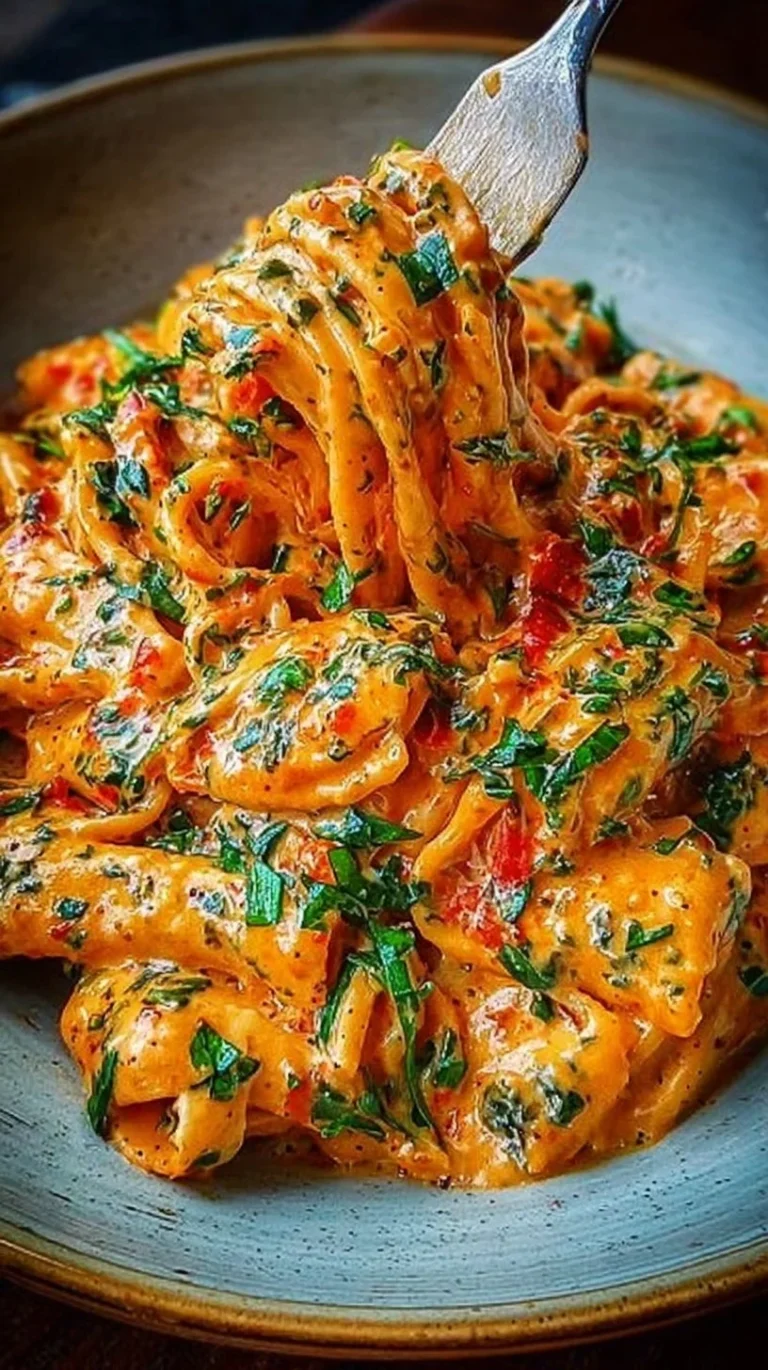Creamy tomato garlic pasta served in a bowl, garnished with fresh herbs.
