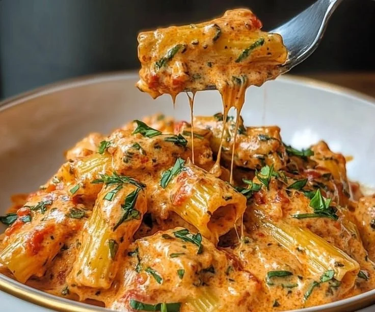 Bowl of creamy tomato garlic pasta garnished with fresh basil and parmesan cheese