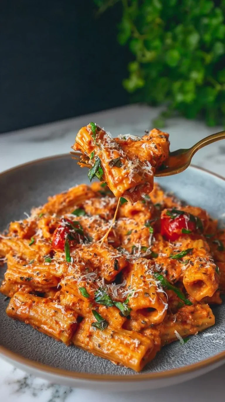 Creamy tomato garlic pasta dish served in a bowl with herbs and parmesan cheese.