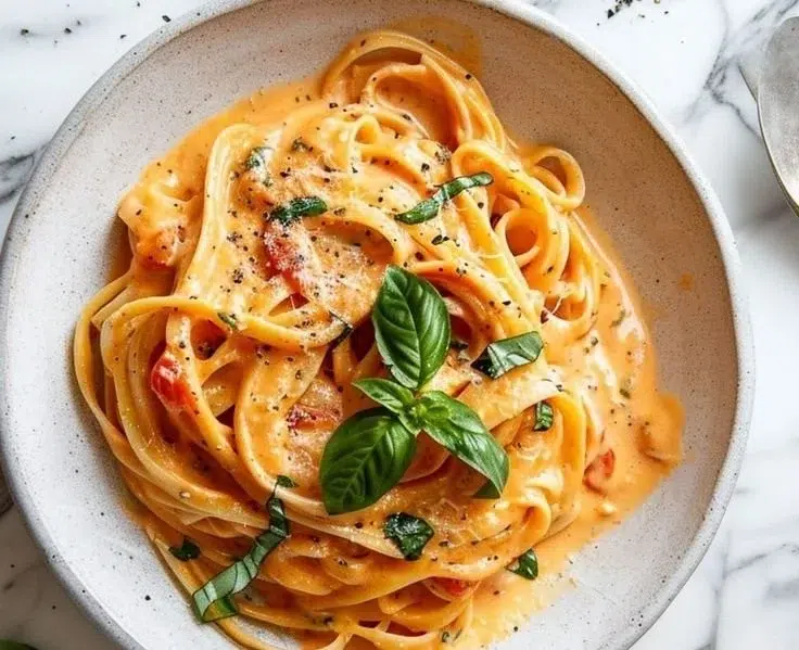 Creamy tomato pasta garnished with basil and cheese in a bowl