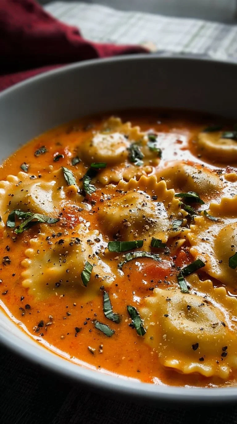 Creamy Tuscan Ravioli Soup served in a bowl with fresh herbs and parmesan