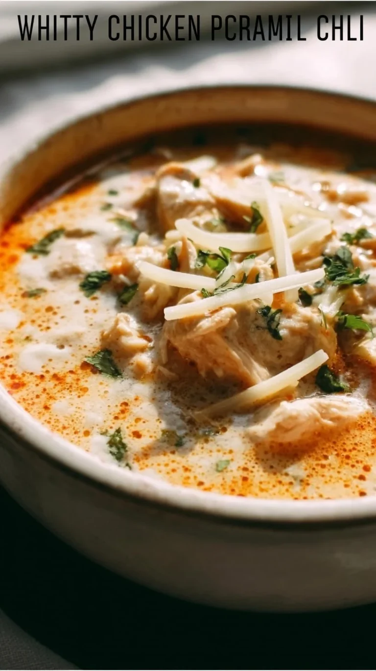 Bowl of creamy white chicken chili topped with cilantro and sour cream
