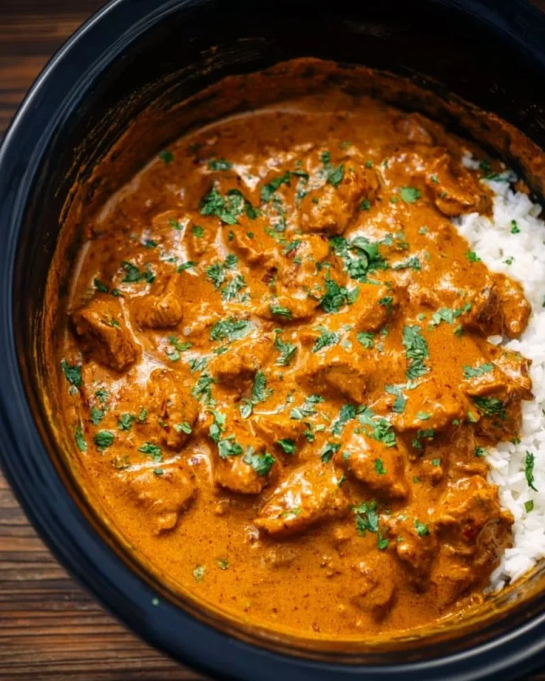 Delicious Crockpot Butter Chicken served with rice and garnished with cilantro