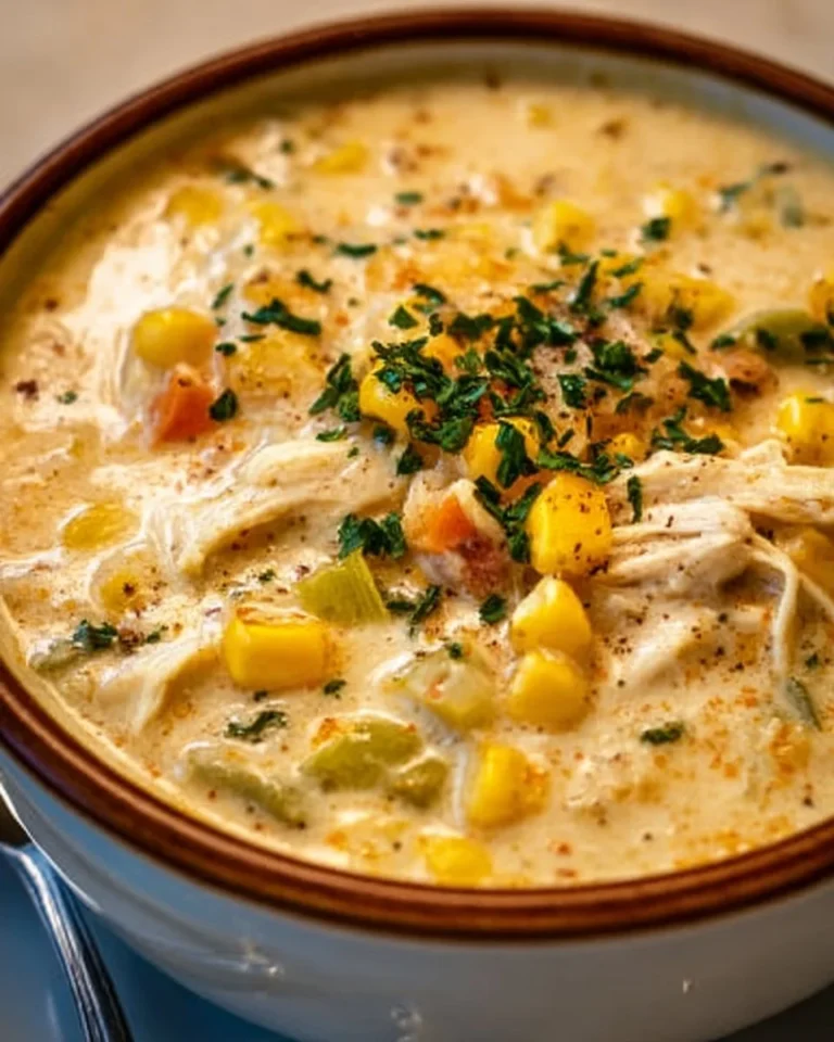Bowl of creamy crockpot chicken corn chowder with fresh herbs and corn