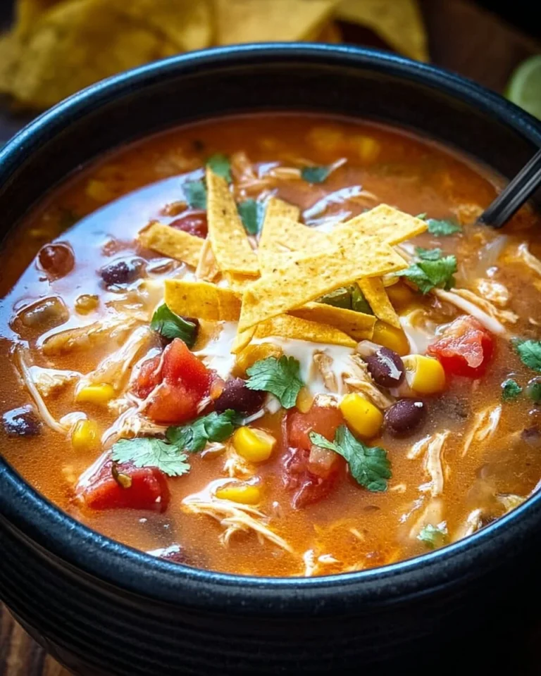 Bowl of Crockpot Chicken Tortilla Soup garnished with tortilla strips and avocado.