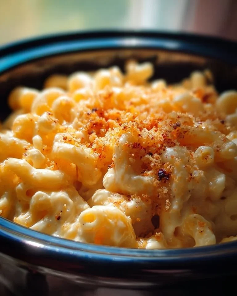 Creamy crockpot macaroni and cheese in a bowl, topped with breadcrumbs.