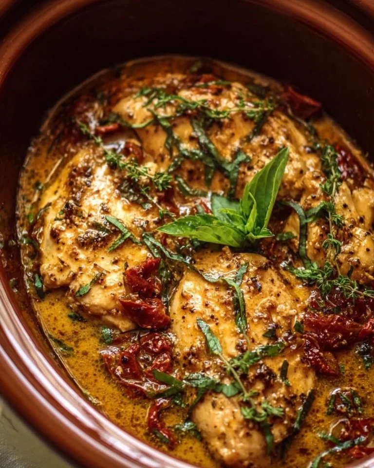 Delicious Crockpot Marry Me Chicken served on a plate with herbs and spices.