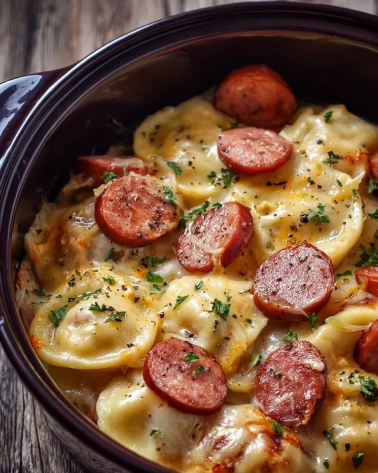 Crockpot Pierogi Casserole with Kielbasa served in a rustic dish