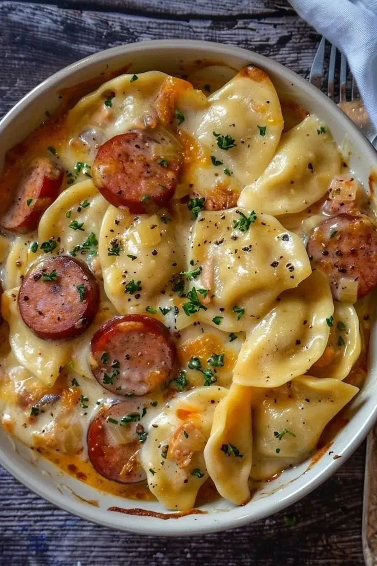 Crockpot Pierogi Casserole with Kielbasa served in a bowl