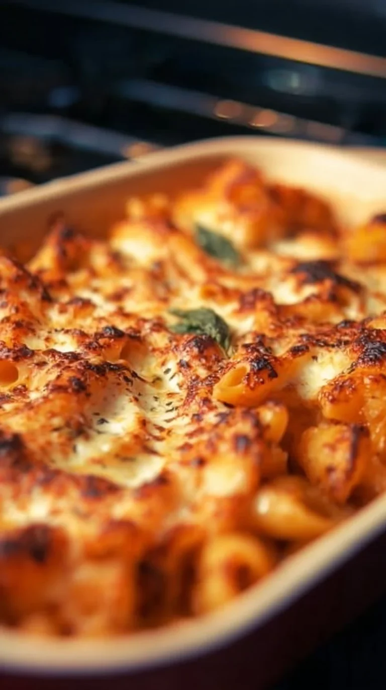 Delicious easy baked pasta topped with melted cheese and herbs.