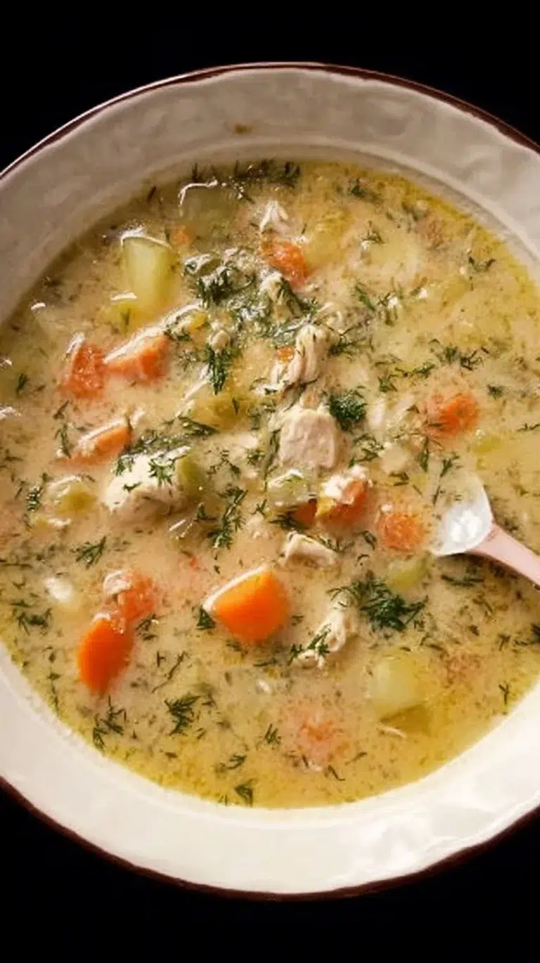 Bowl of easy leftover turkey soup with fresh vegetables and herbs