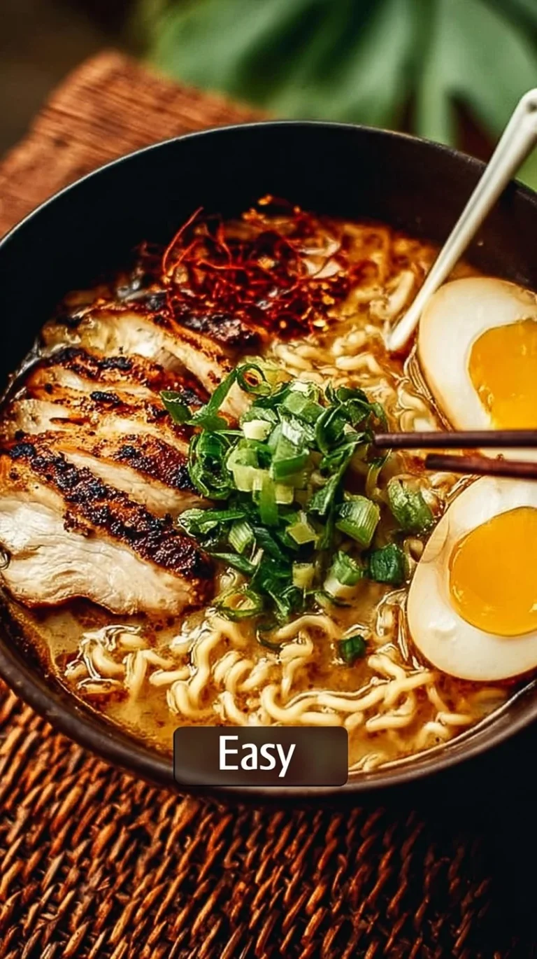 Bowl of Fire Chicken Ramen topped with spicy chicken and green onions
