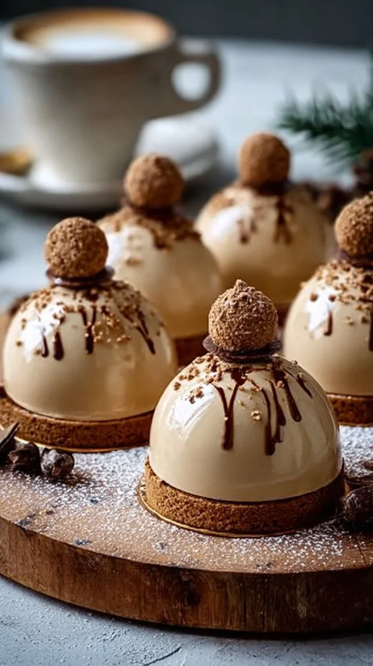 Gingerbread Latte Mousse Domes decorated with whipped cream and spices.