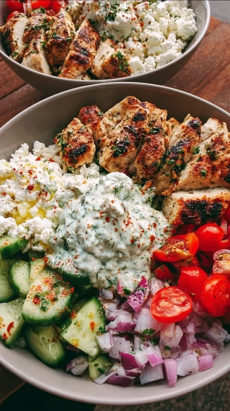Delicious Greek chicken bowls with fresh vegetables and tzatziki sauce