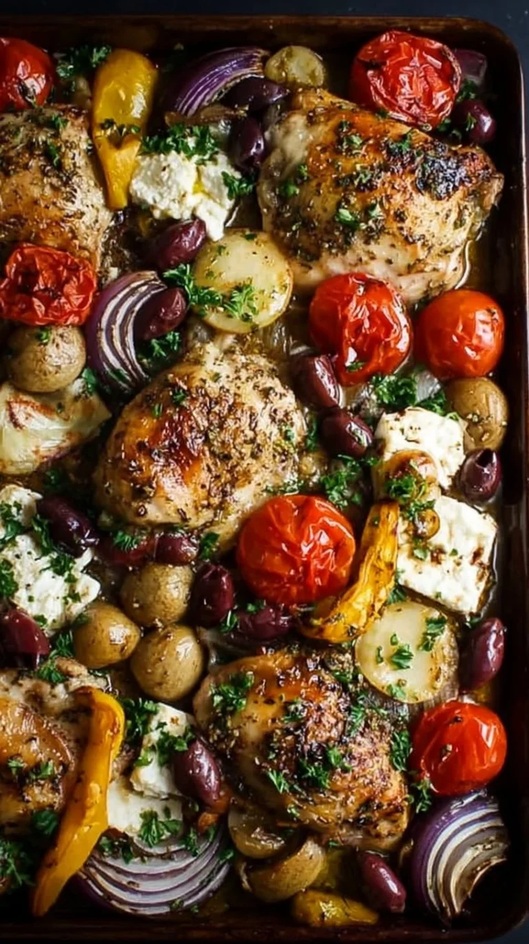 Delicious Greek Sheet Pan Chicken served with vegetables and herbs