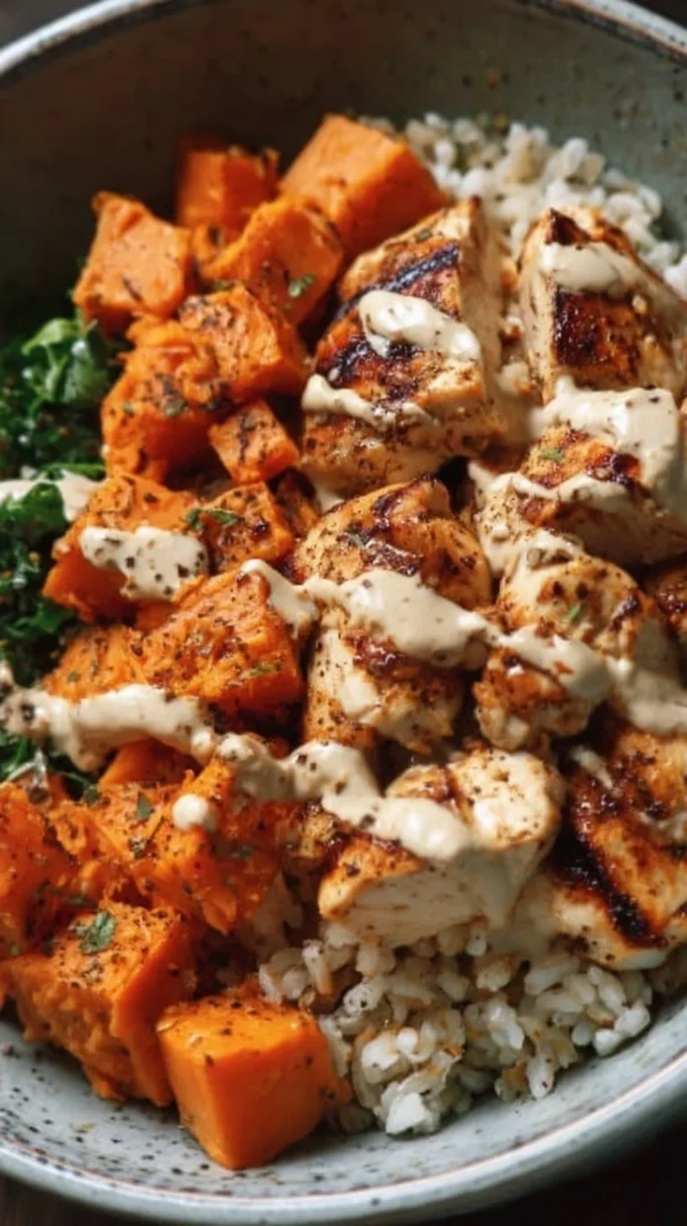 Healthy chicken rice bowl with sweet potatoes and fresh veggies