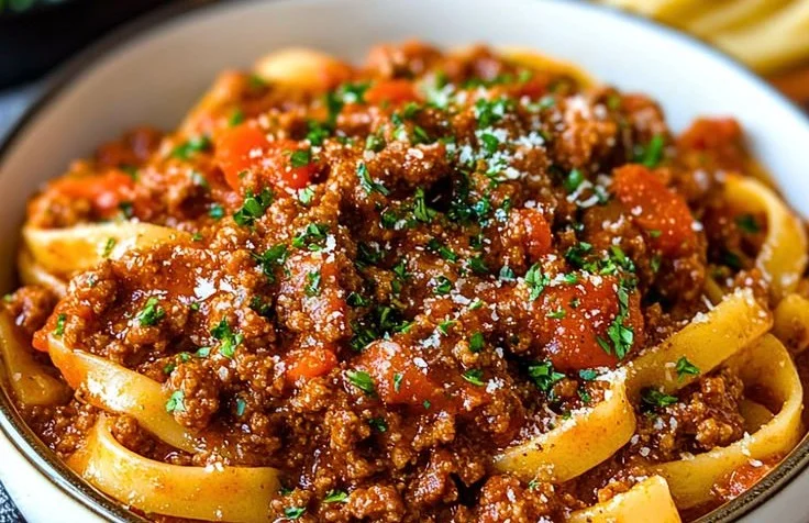 Bowl of homemade Bolognese sauce topped with fresh herbs, served with pasta.