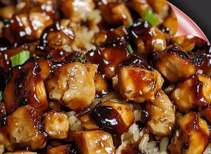 Delicious Honey BBQ Chicken served over fluffy rice.