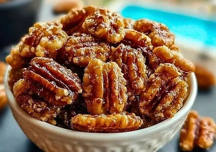 Delicious praline crunch dessert with nuts and caramel topping.