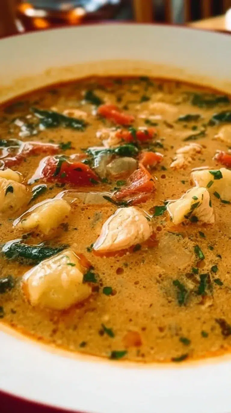 Bowl of Marry Me Tuscan Chicken Soup filled with fresh ingredients