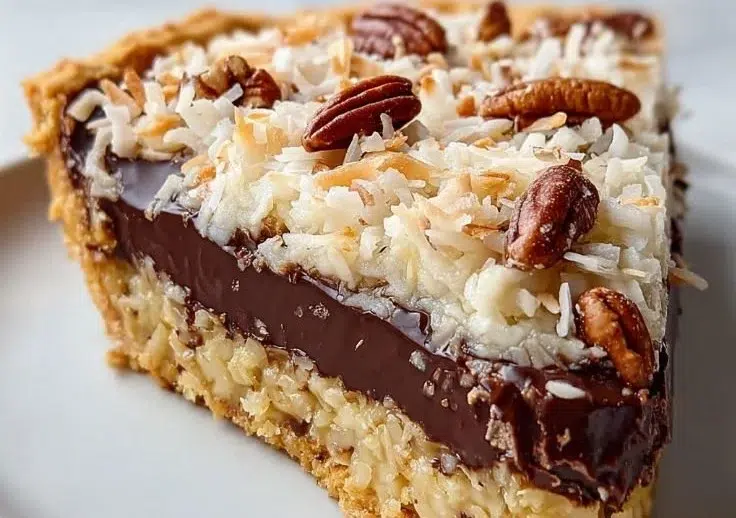 Delicious no-bake German chocolate pie topped with coconut and pecans