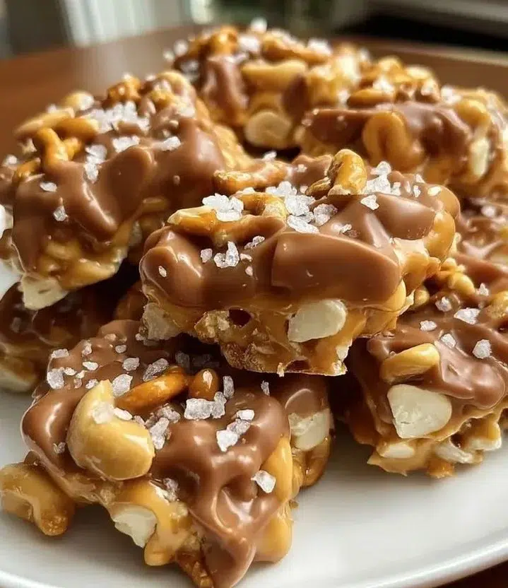 No-bake peanut butter pretzel clusters with chocolate topping.