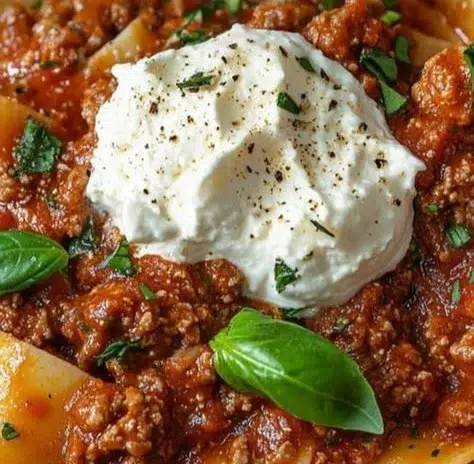 Plate of original Bolognese Ragù served with pappardelle pasta.