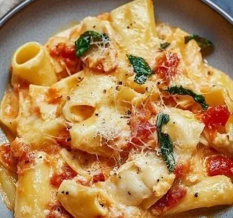 Delicious Pasta alla Sorrentina topped with melted cheese and fresh basil