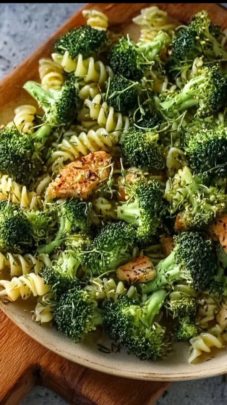 Delicious broccoli pasta chicken dish served in a bowl, garnished with herbs.