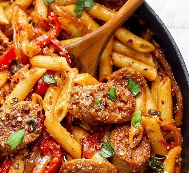Sausage pasta skillet with savory sausage and colorful vegetables
