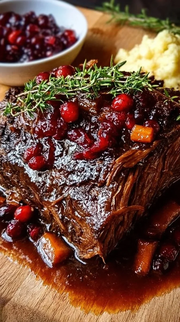Delicious slow-braised beef roast glazed with cranberry balsamic sauce